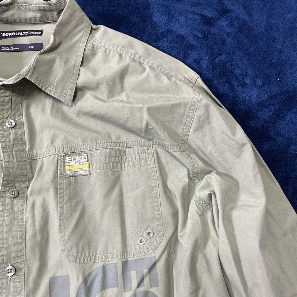 Ecko Unltd Mens Button Up Shirt Army Green Size XXL LS Logo Spellout Military - Picture 6 of 15